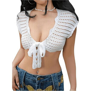 Women's White Sexy Front Cropped Cardigan Deep V Neck Cap Sleeve Knitted Tops